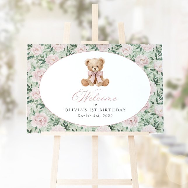 Poster Urso, Laço, Flores Rosas, Bem-vindo ao Primeiro An (Criador carregado)