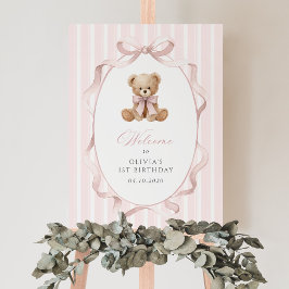 Poster Urso, Laço, Listras Rosa, Bem-vindo ao Primeiro An
