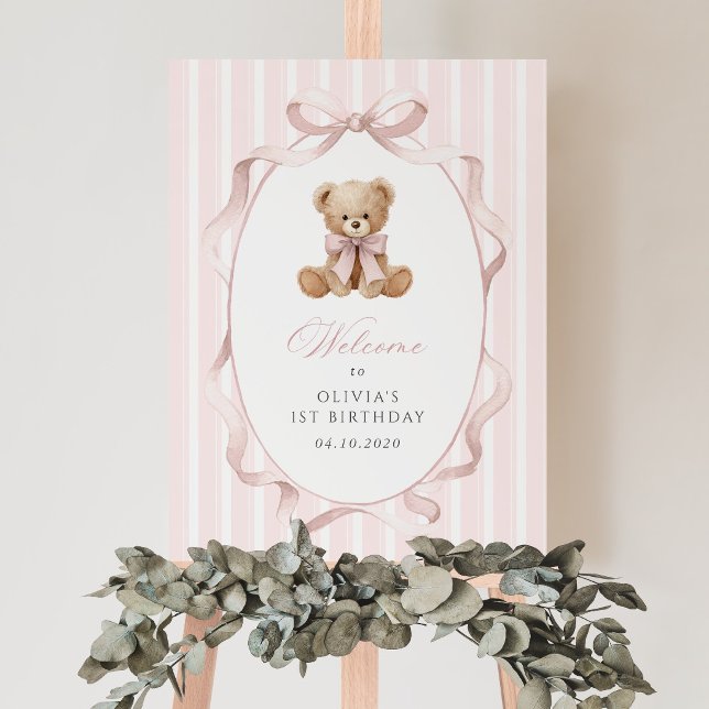Poster Urso, Laço, Listras Rosa, Bem-vindo ao Primeiro An (Criador carregado)