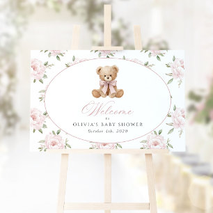 Poster Urso, Laço Rosa, Flores Rosas, Boas-Vindas ao Chá