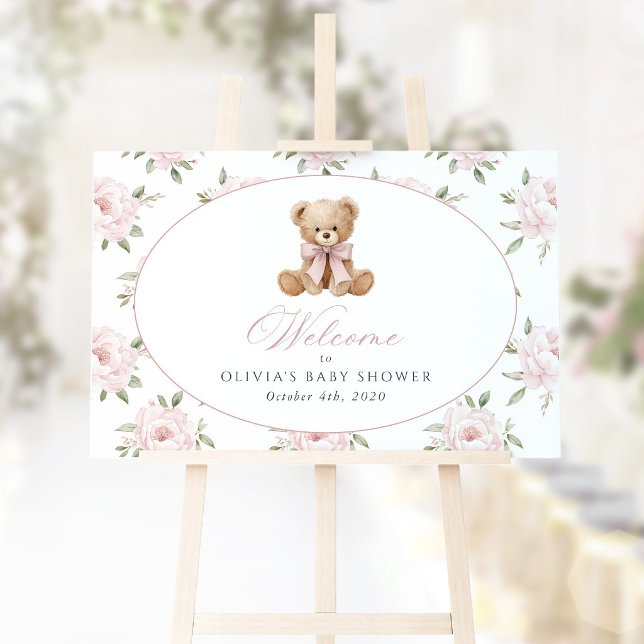 Poster Urso, Laço Rosa, Flores Rosas, Boas-Vindas ao Chá  (Criador carregado)