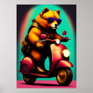 Poster Urso legal Andando um Patinete Rosa