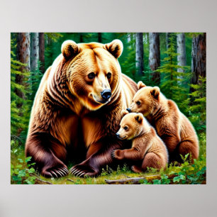 Poster Urso Mãe Com Filhotes em um Ambiente Florestal