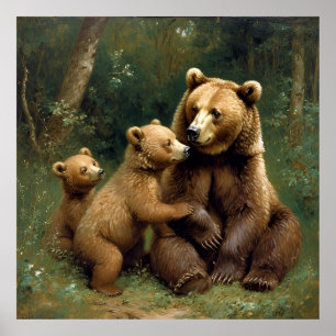Poster Urso Mãe Com Filhotes em um Ambiente Florestal