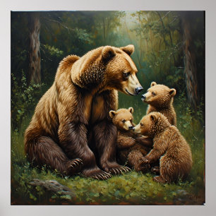 Poster Urso Mãe Com Filhotes em um Ambiente Florestal