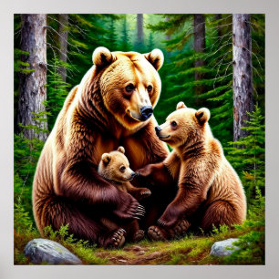 Poster Urso-mãe com filhotes em um cenário de floresta