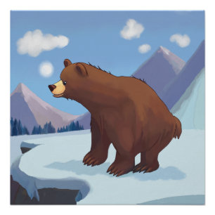 Póster Urso marrom de desenho animado nas montanhas