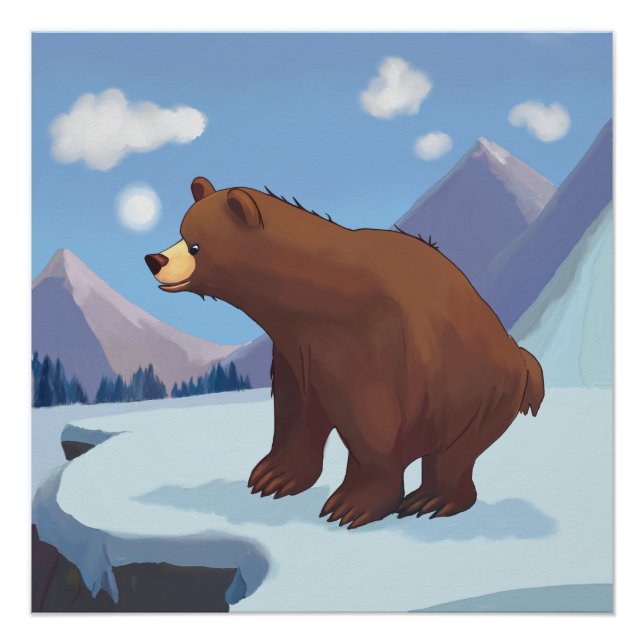 Póster Urso marrom de desenho animado nas montanhas (Frente)