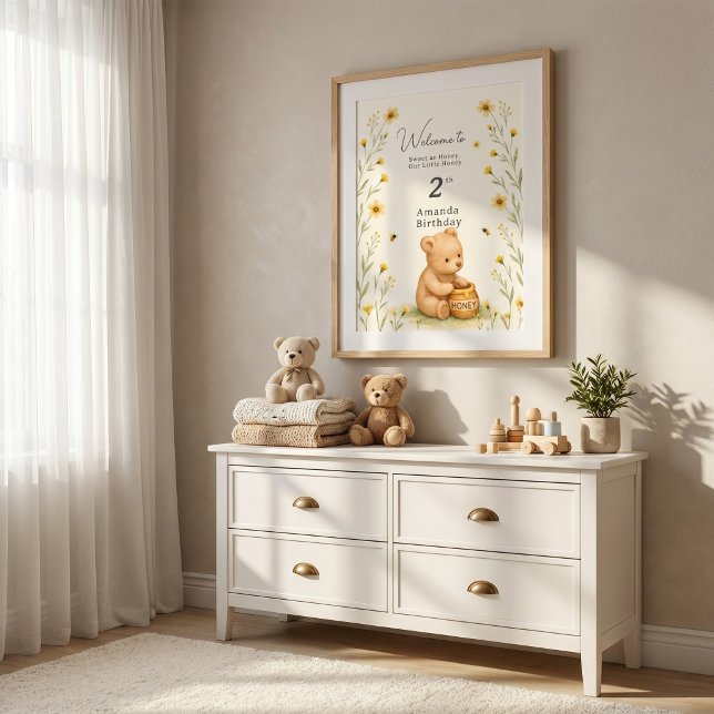 Poster Urso Mel Floral Bebê Aniversário (Criador carregado)