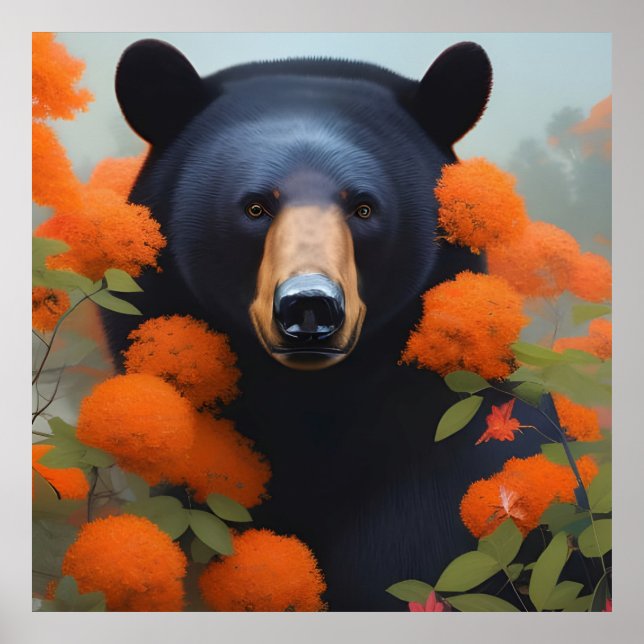 Poster Urso Negro em flores laranja (Frente)