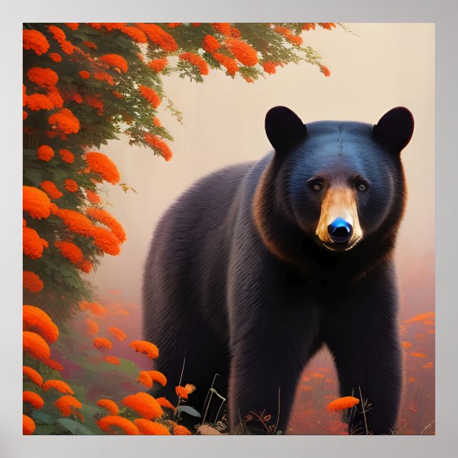 Poster Urso Negro em flores laranja (Frente)