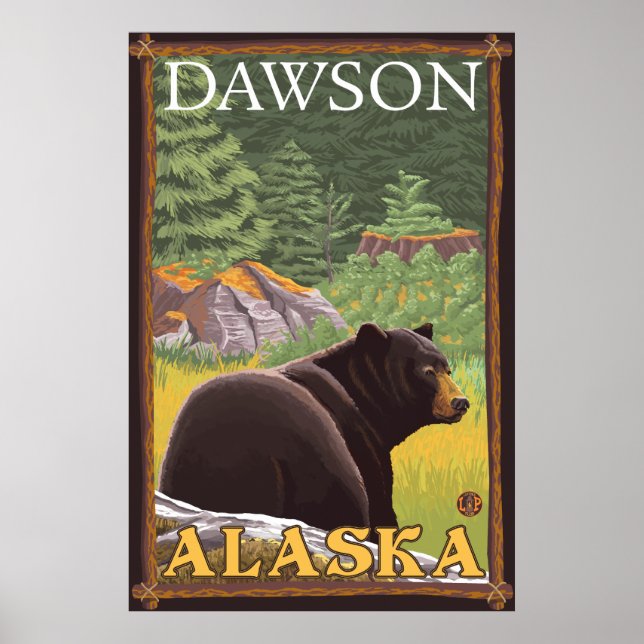 Póster Urso Negro na Floresta - Dawson, Alasca (Frente)