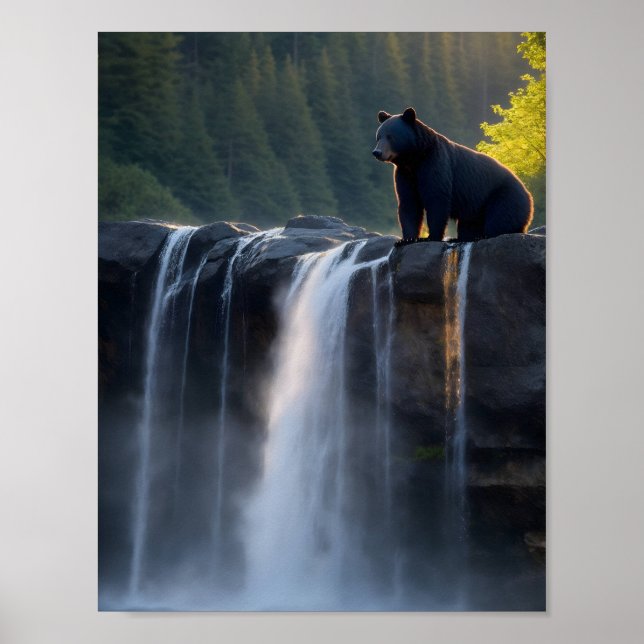 Poster Urso Negro sentado no alto da cascata (Frente)