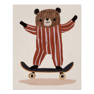 Póster Urso no skate, arte na parede de viveiro, quarto p