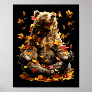 Poster Urso Pacífico Folhas de Outono Meditando Zen Anima