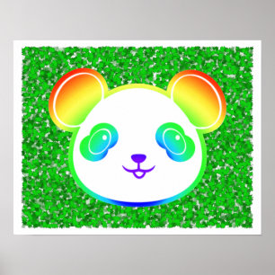 Poster Urso Panda Arco-Íris Fofo em Fundo de Folhagem