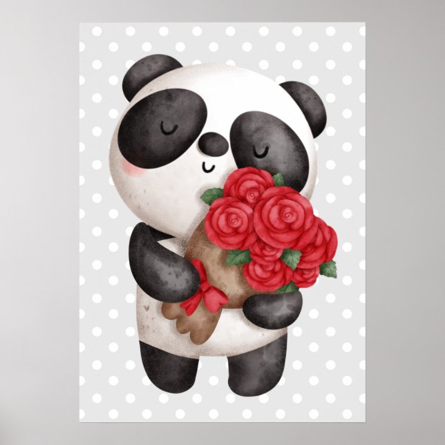 Poster Urso Panda Bonito com Rose Bouquet (Frente)