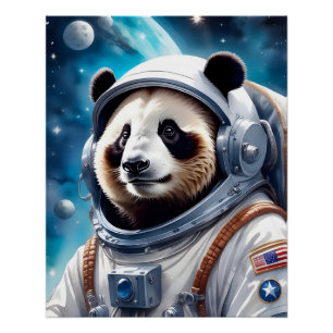 Póster Urso Panda Bonito em Astronauta no Espaço Exterior