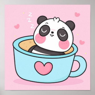 Poster Urso Panda bonito no chá de café com bebendo