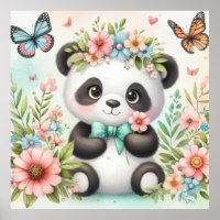 Urso panda fofo e engraçado entre flores aquarela
