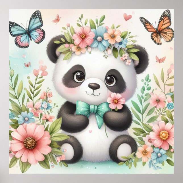 Poster Urso panda fofo e engraçado entre flores aquarela (Frente)