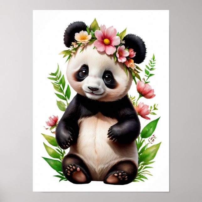 Poster Urso Panda Transparente Com Flores (Frente)