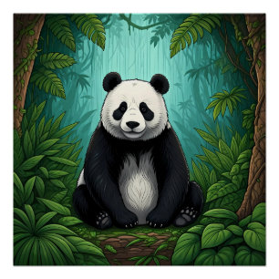 Póster Urso pandês sentado numa clareira da selva