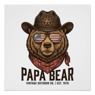 Póster Urso Papai Urso Cowboy Patriótico Vetor Vintage De