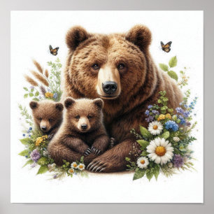 Poster Urso Pardo com Filhotes Prado Floral Vida Selvagem