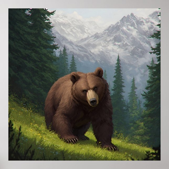 Poster Urso Pardo em uma Campina de Montanha (Frente)