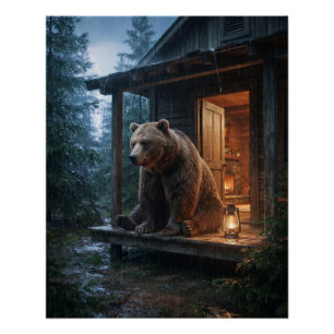 Póster Urso Pardo Sentado no Alpendre de Cabana Aconchega