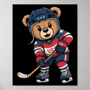 Poster Urso Patriótico Jogador de Hóquei Fofo EUA Estrela