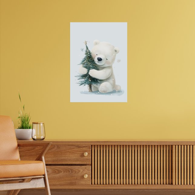 Poster Urso Polar Adorável Abraçando Árvore De Natal, Bon (Sala de Estar 2)