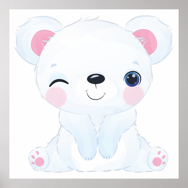 Poster Urso Polar Bebê Piscando Olho em Aquarela (Frente)