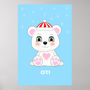 Poster Urso Polar Bonito e Flocos de Neve na Colúmbia Azu