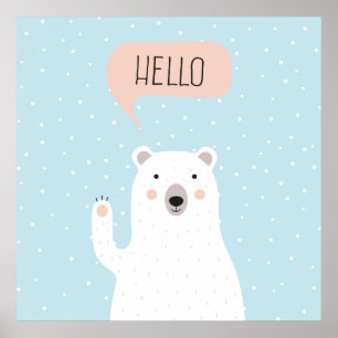 Póster Urso Polar Bonito na Neve diz Olá