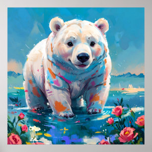 Poster Urso Polar Branco Fofo com Pintura de Rosas