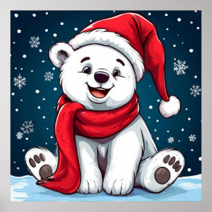 Poster Urso Polar de Desenho Adorável com Chapéu de Papai