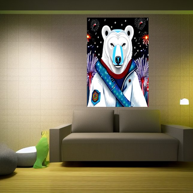 Poster Urso polar de uniforme e fogo de artifício | Arte  (Criador carregado)