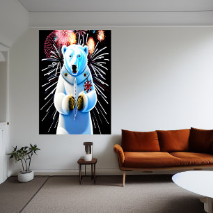 Poster Urso polar de uniforme e fogos de artifício   Arte