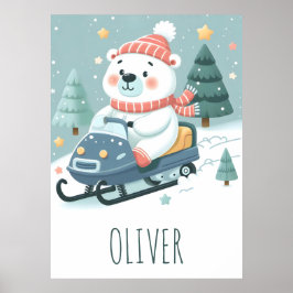 Poster Urso Polar Fofo Dirigindo Motoneve Personalizado