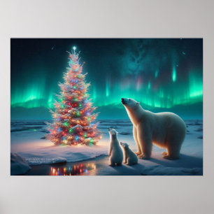 Poster Urso Polar Mãe Cubs Árvore De Natal Aurora Boreali