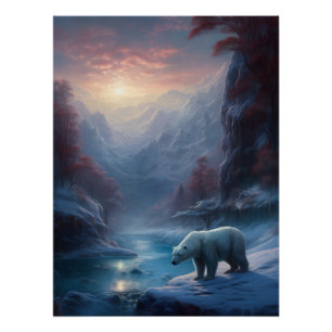 Póster Urso Polar na Pintura Florestal de inverno