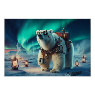 Póster Urso Polar Steampunk e Arte Aurora