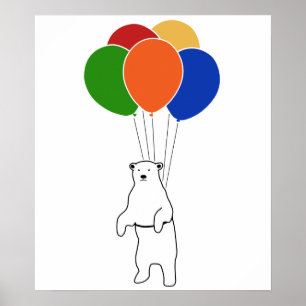 Poster Urso Polar Voador com Balões de Aniversário