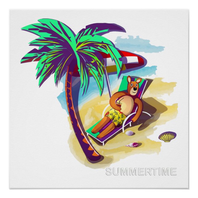 Póster Urso Relaxando de Verão na Praia Tropical (Frente)