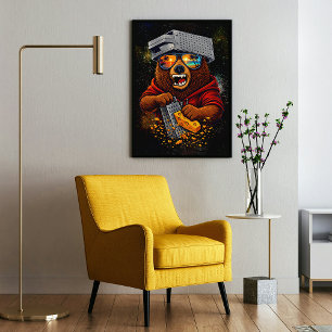 Poster Urso Retro Com Chapéu de Ralador de Queijo e Óculo