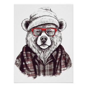 Póster Urso Retro com Óculos Vermelhos