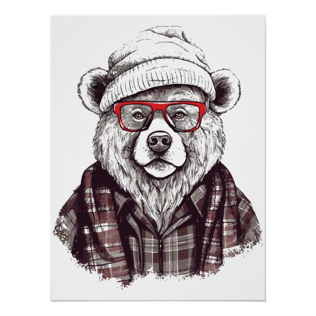 Póster Urso Retro com Óculos Vermelhos (Frente)