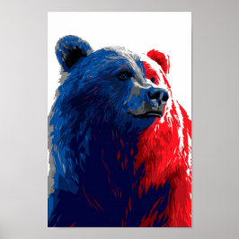 Poster Urso Russo - Design de Arte Vermelha e Azul Negrit